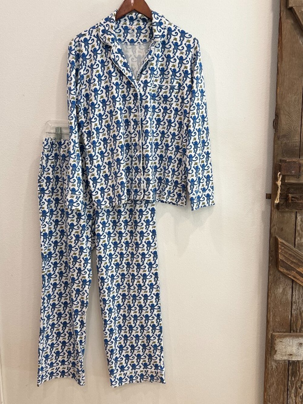 Roller Rabbit Pajama Set Polo Collar Pants Top Women's Size Medium Blue Monkey